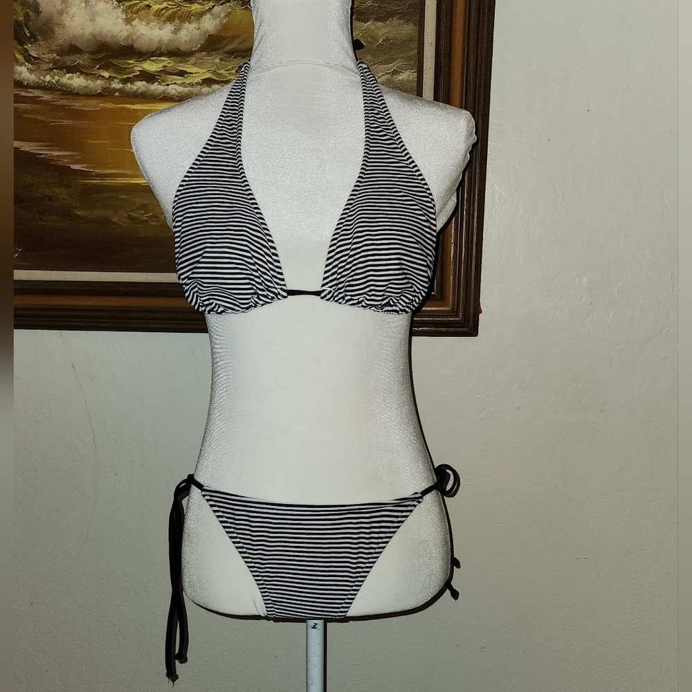Vintage Beach Stop 1980s 1990s Striped Tri Top & Side Tie Bottom Bikini Set
